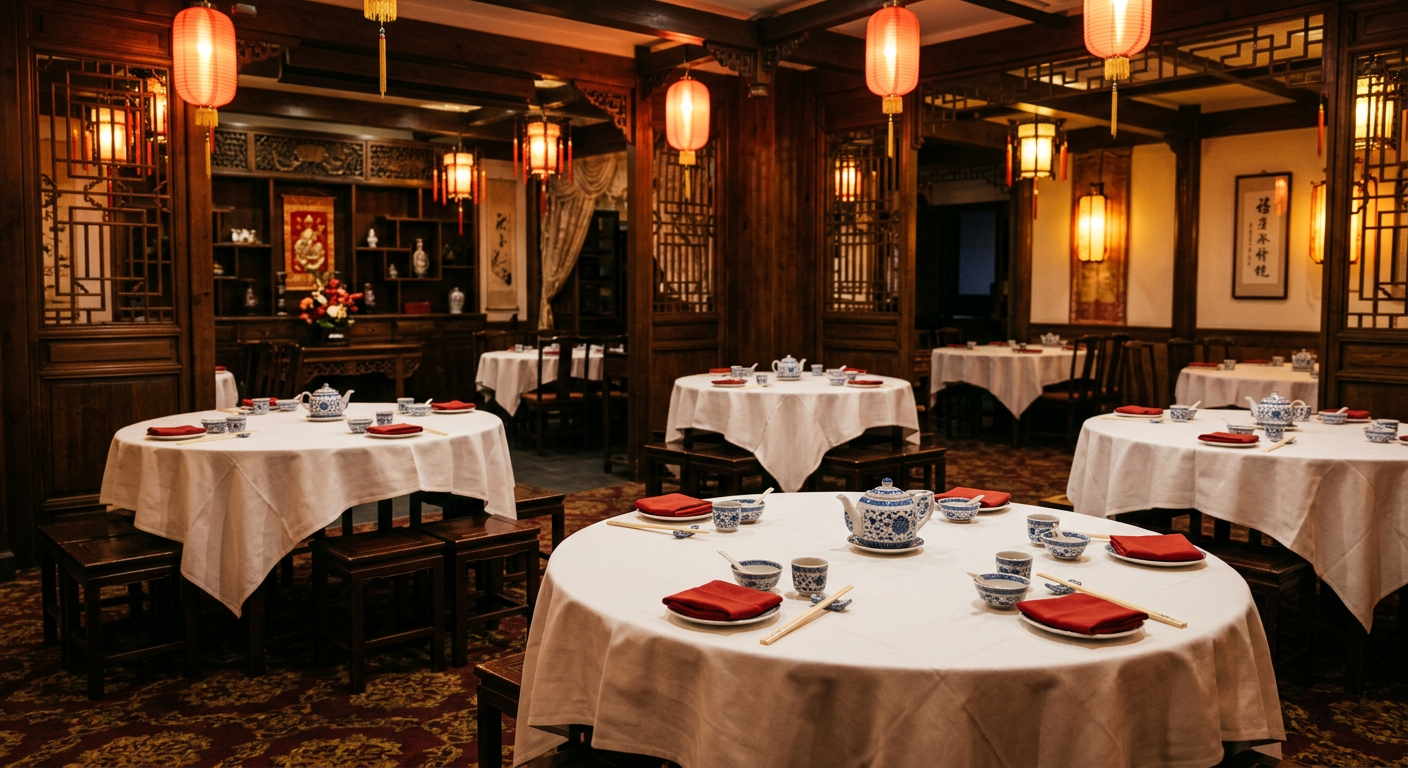 Round restaurant tables set with teapots and chopsticks under red lanterns