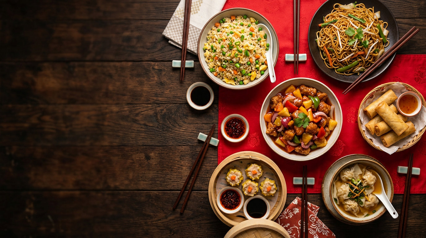 Overhead view of fried rice, noodles, sweet and sour pork, spring rolls, dim sims and soup on a wooden table