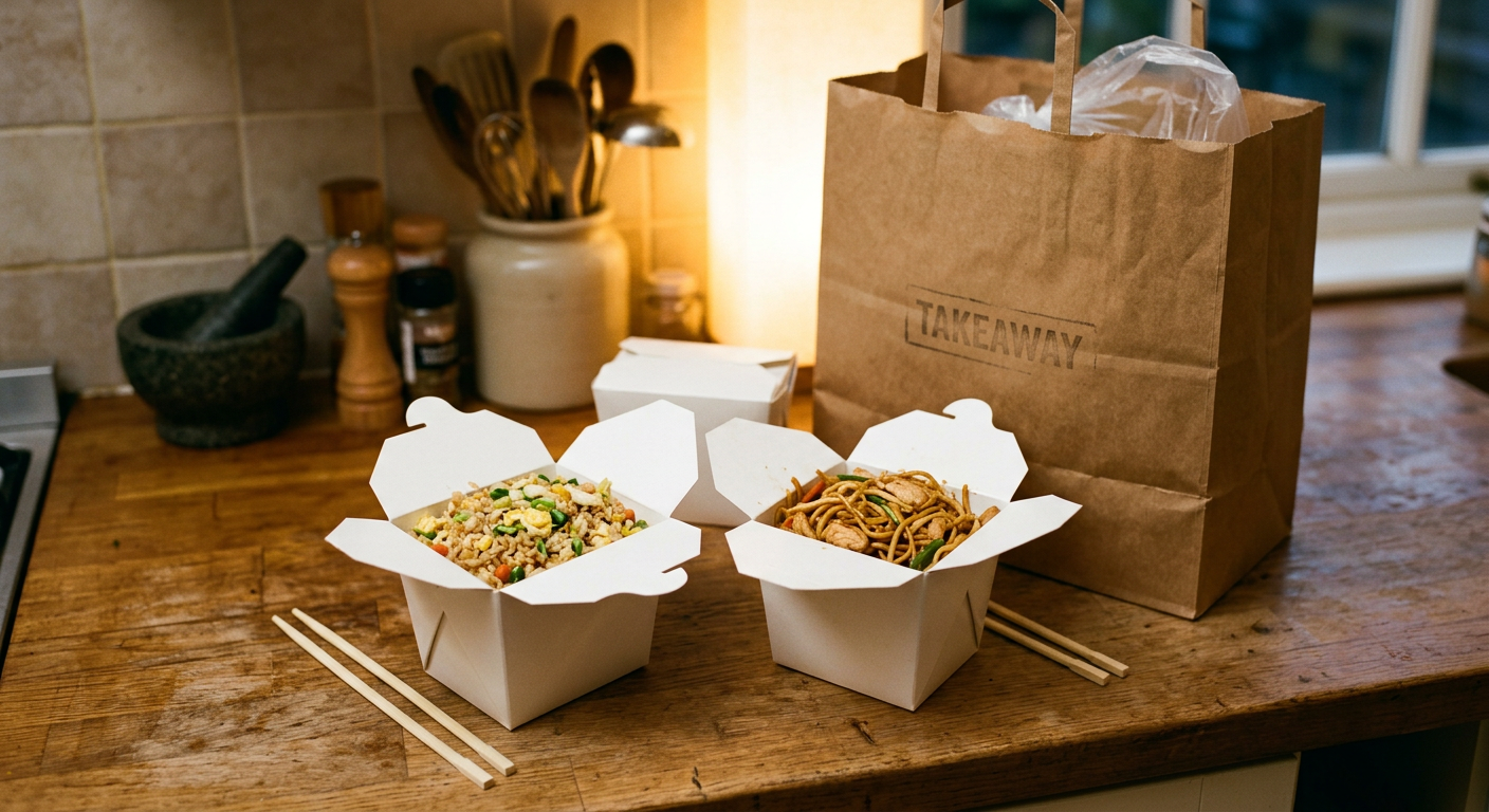 Takeaway boxes of fried rice and noodles with a paper bag on a counter